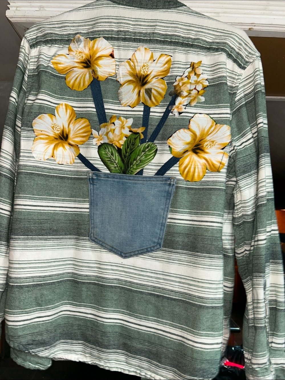 Striped Button-Up Shirt with Yellow Floral Design